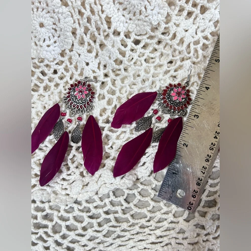 Feather Earrings Boho Vibrant Magenta Burgundy Silver Tone Chandelier Enamel
